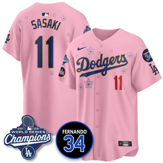 Los Angeles Dodgers Tokyo 2025 World Series Champions Jersey pink #11 Roki Sasaki