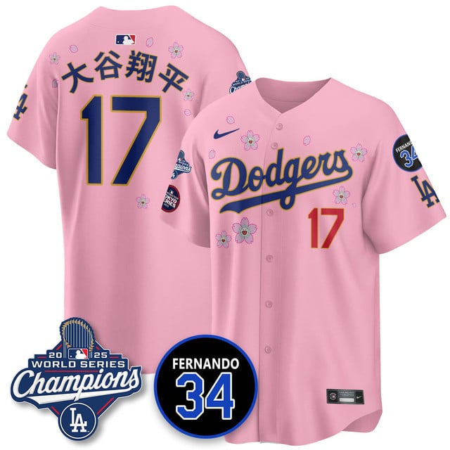 Los Angeles Dodgers Tokyo 2025 World Series Champions Jersey pink #17 Shohei Ohtani (kanji)