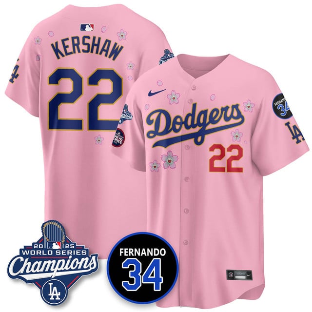 Los Angeles Dodgers Tokyo 2025 World Series Champions Jersey pink #22 Clayton Kershaw