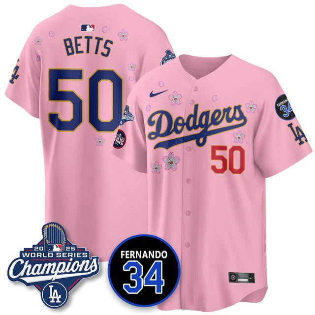 Los Angeles Dodgers Tokyo 2025 World Series Champions Jersey pink #50 Mookie Betts