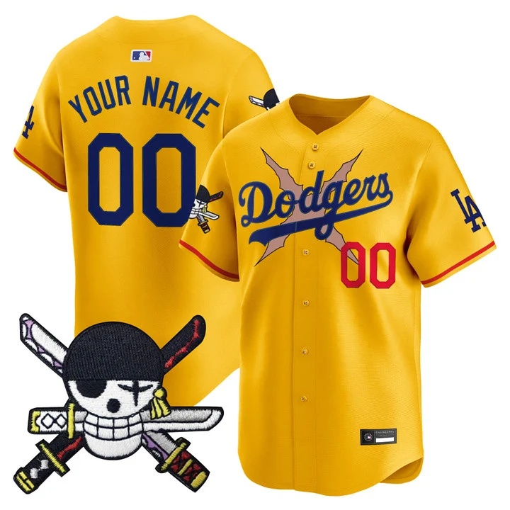 Los Angeles Dodgers x One Piece Zoro Patch Vapor Premier Limited Custom Jersey GOLD