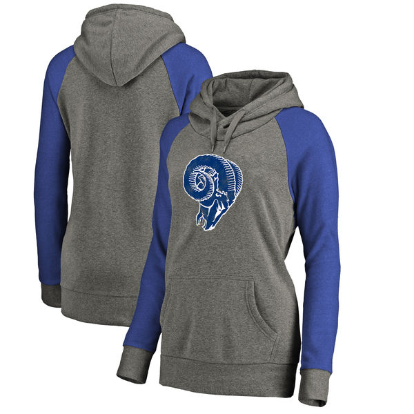Los Angeles Rams NFL Pro Line By Fanatics Branded Women's Throwback Logo Tri-Blend Raglan Plus Size Pullover Hoodie Gray Royal