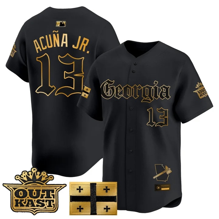 MEN'S ATLANTA BRAVES 'GEORGIA X OUTKAST GOTHIC EDITION' VAPOR PREMIER LIMITED JERSEY BLACK GOLD#13 RONALD ACUNA JR.