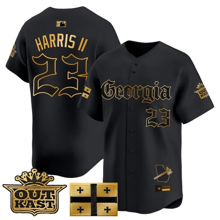 MEN'S ATLANTA BRAVES 'GEORGIA X OUTKAST GOTHIC EDITION' VAPOR PREMIER LIMITED JERSEY BLACK GOLD#23 MICHAEL HARRIS II
