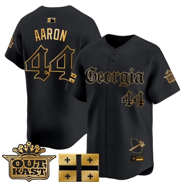 MEN'S ATLANTA BRAVES 'GEORGIA X OUTKAST GOTHIC EDITION' VAPOR PREMIER LIMITED JERSEY BLACK GOLD#44 HANK AARON
