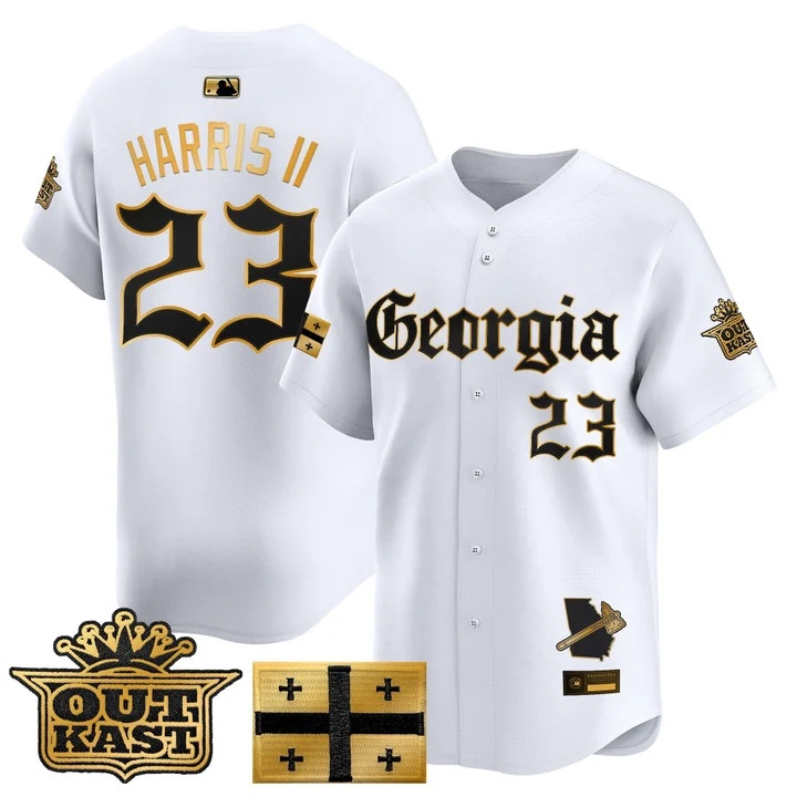 MEN'S ATLANTA BRAVES 'GEORGIA X OUTKAST GOTHIC EDITION' VAPOR PREMIER LIMITED JERSEY WHITE GOLD#23 MICHAEL HARRIS II