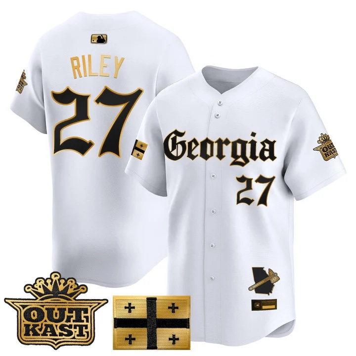 MEN'S ATLANTA BRAVES 'GEORGIA X OUTKAST GOTHIC EDITION' VAPOR PREMIER LIMITED JERSEY WHITE GOLD#27 AUSTIN RILEY