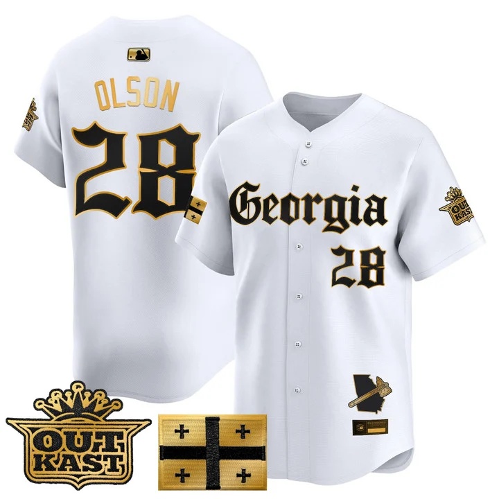 MEN'S ATLANTA BRAVES 'GEORGIA X OUTKAST GOTHIC EDITION' VAPOR PREMIER LIMITED JERSEY WHITE GOLD#28 MATT OLSON