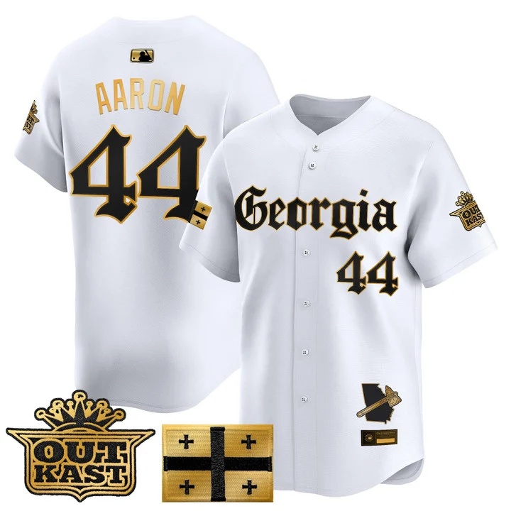 MEN'S ATLANTA BRAVES 'GEORGIA X OUTKAST GOTHIC EDITION' VAPOR PREMIER LIMITED JERSEY WHITE GOLD#44 HANK AARON