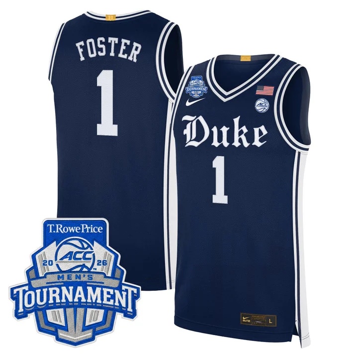 MEN'S DUKE BLUE DEVILS 2026 ACC CONFERENCE TOURNAMENT CHAMPIONS BASKETBALL JERSEY NAVY#1 CALEB FOSTER