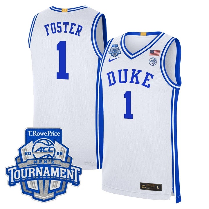 MEN'S DUKE BLUE DEVILS 2026 ACC CONFERENCE TOURNAMENT CHAMPIONS BASKETBALL JERSEY WHITE#1 CALEB FOSTER