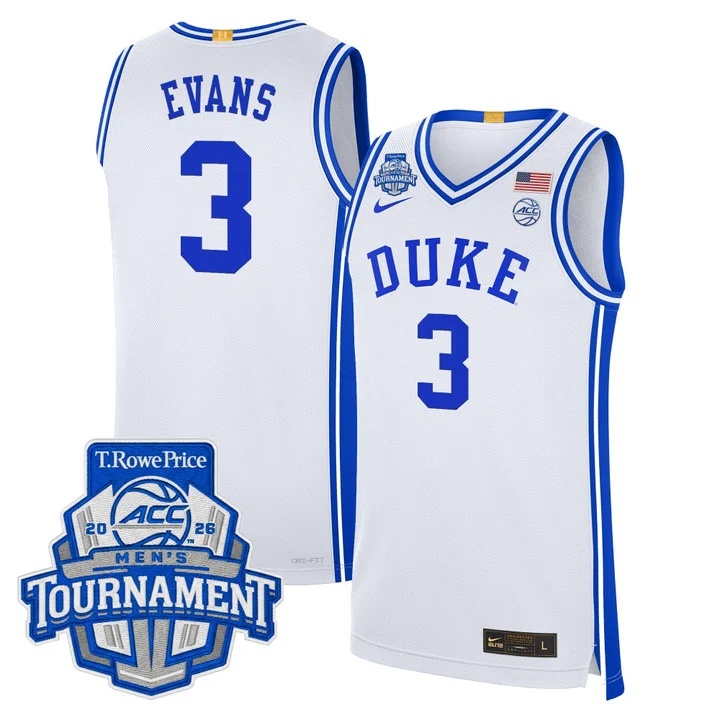 MEN'S DUKE BLUE DEVILS 2026 ACC CONFERENCE TOURNAMENT CHAMPIONS BASKETBALL JERSEY WHITE#3 ISAIAH EVANS