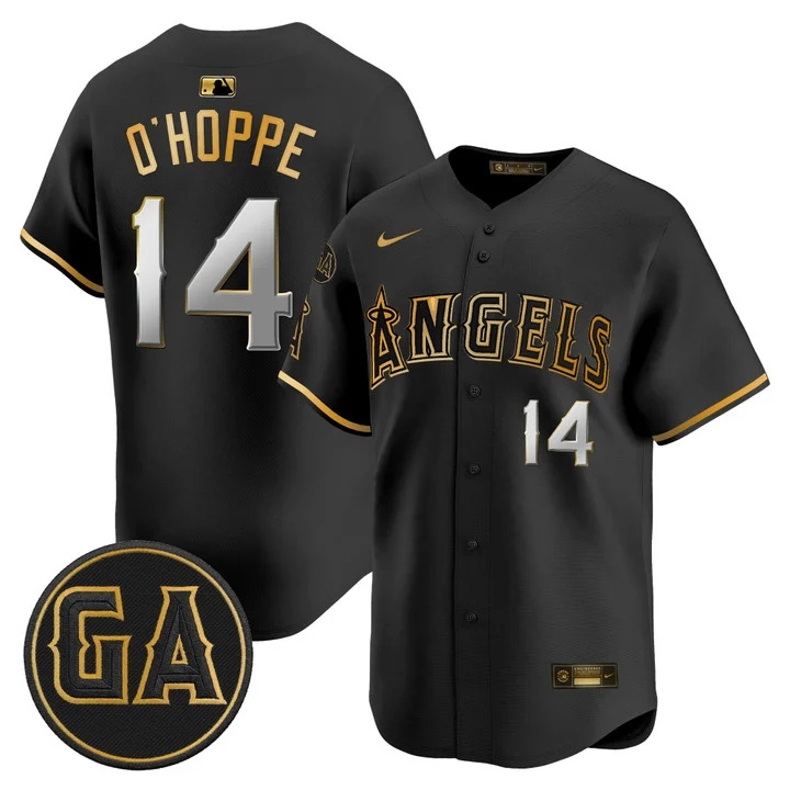 MEN'S LOS ANGELES ANGELS 'GARRET ANDERSON TRIBUTE PATCH' VAPOR PREMIER LIMITED JERSEY BLACK GOLD#14 LOGAN O'HOPPE