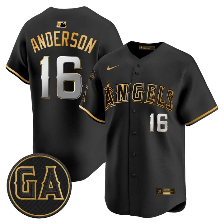MEN'S LOS ANGELES ANGELS 'GARRET ANDERSON TRIBUTE PATCH' VAPOR PREMIER LIMITED JERSEY BLACK GOLD#16 GARRET ANDERSON