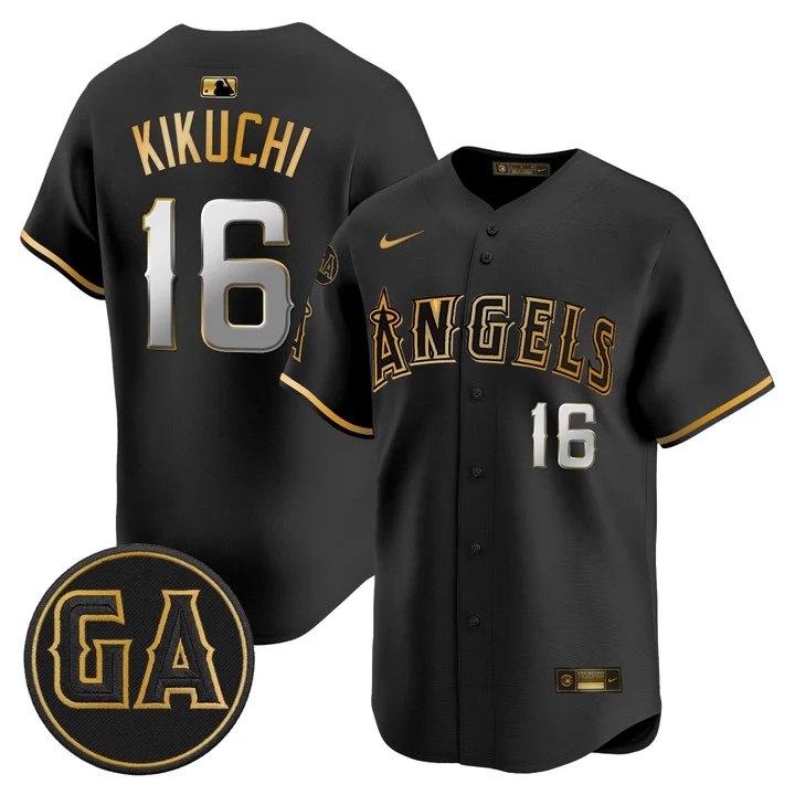 MEN'S LOS ANGELES ANGELS 'GARRET ANDERSON TRIBUTE PATCH' VAPOR PREMIER LIMITED JERSEY BLACK GOLD#16 YUSEI KIKUCHI