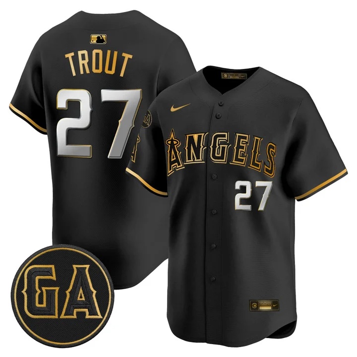 MEN'S LOS ANGELES ANGELS 'GARRET ANDERSON TRIBUTE PATCH' VAPOR PREMIER LIMITED JERSEY BLACK GOLD#27 MIKE TROUT