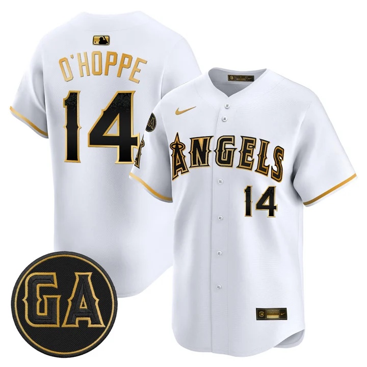 MEN'S LOS ANGELES ANGELS 'GARRET ANDERSON TRIBUTE PATCH' VAPOR PREMIER LIMITED JERSEY WHITE GOLD#14 LOGAN O'HOPPE