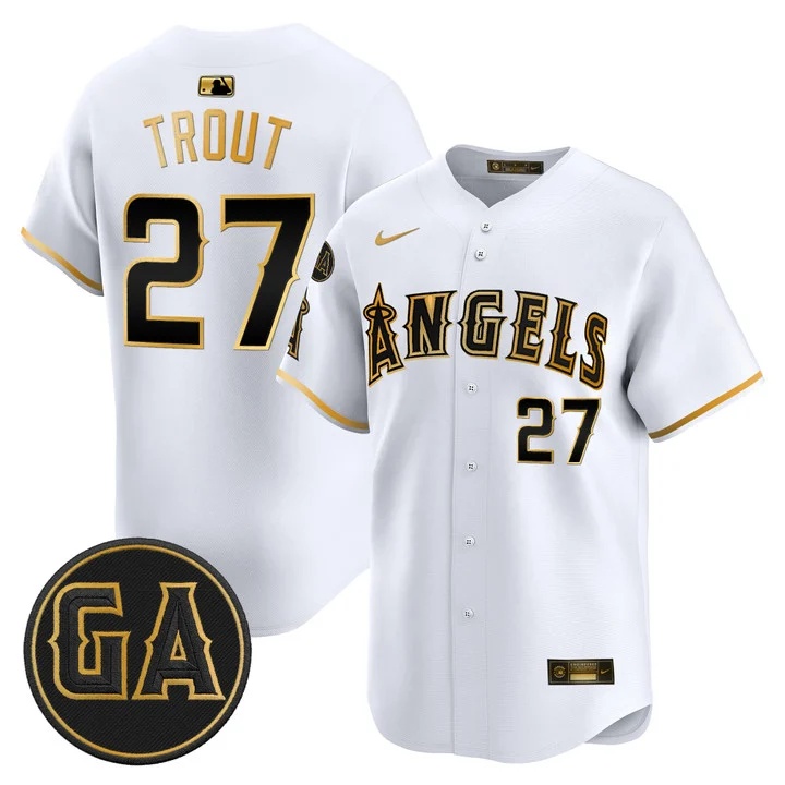 MEN'S LOS ANGELES ANGELS 'GARRET ANDERSON TRIBUTE PATCH' VAPOR PREMIER LIMITED JERSEY WHITE GOLD#27 MIKE TROUT