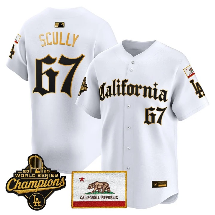 MEN'S LOS ANGELES DODGERS CALIFORNIA GOTHIC EDITION VAPOR PREMIER LIMITED JERSEY WHITE GOLD#67 VIN SCULLY