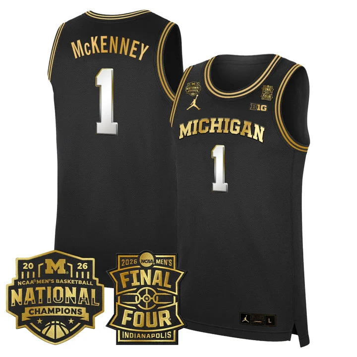 MEN'S MICHIGAN WOLVERINES 2026 FINAL FOUR & NATIONAL CHAMPIONS PATCH BASKETBALL JERSEY BLACK GOLD#1 TREY MCKENNEY