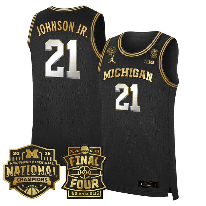 MEN'S MICHIGAN WOLVERINES 2026 FINAL FOUR & NATIONAL CHAMPIONS PATCH BASKETBALL JERSEY BLACK GOLD#21 MOREZ JOHNSON JR.