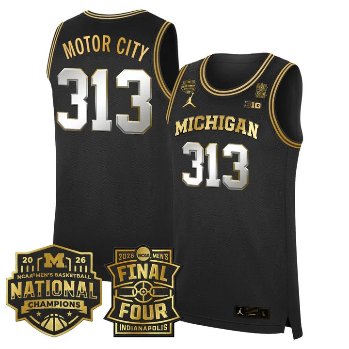MEN'S MICHIGAN WOLVERINES 2026 FINAL FOUR & NATIONAL CHAMPIONS PATCH BASKETBALL JERSEY BLACK GOLD#313 MOTOR CITY