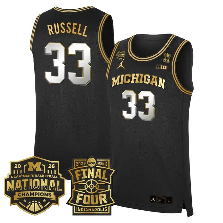 MEN'S MICHIGAN WOLVERINES 2026 FINAL FOUR & NATIONAL CHAMPIONS PATCH BASKETBALL JERSEY BLACK GOLD#33 CAZZIE RUSSELL