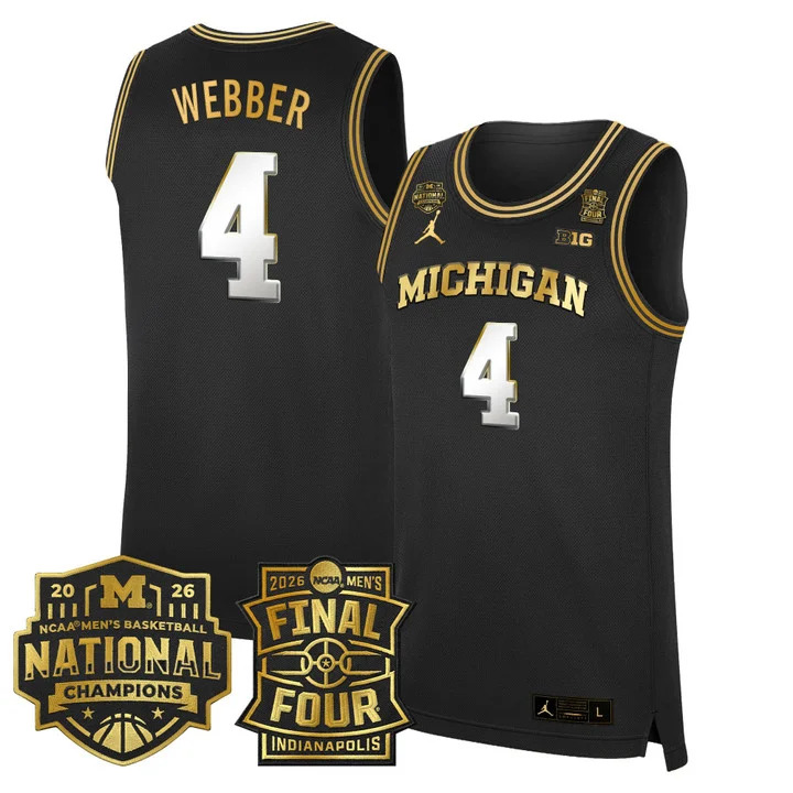 MEN'S MICHIGAN WOLVERINES 2026 FINAL FOUR & NATIONAL CHAMPIONS PATCH BASKETBALL JERSEY BLACK GOLD#4 CHRIS WEBBER