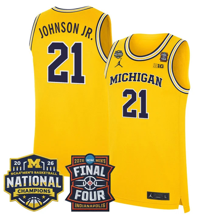 MEN'S MICHIGAN WOLVERINES 2026 FINAL FOUR & NATIONAL CHAMPIONS PATCH BASKETBALL JERSEY MAIZE#21 MOREZ JOHNSON JR.