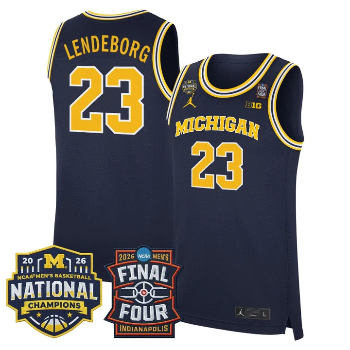 MEN'S MICHIGAN WOLVERINES 2026 FINAL FOUR & NATIONAL CHAMPIONS PATCH BASKETBALL JERSEY NAVY#23 YAXEL LENDEBORG