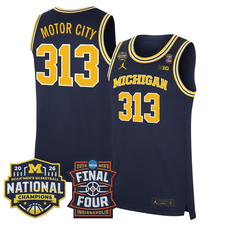 MEN'S MICHIGAN WOLVERINES 2026 FINAL FOUR & NATIONAL CHAMPIONS PATCH BASKETBALL JERSEY NAVY#313 MOTOR CITY