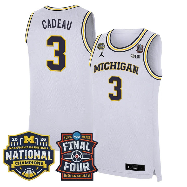 MEN'S MICHIGAN WOLVERINES 2026 FINAL FOUR & NATIONAL CHAMPIONS PATCH BASKETBALL JERSEY WHITE#3 ELLIOT CADEAU