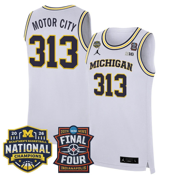 MEN'S MICHIGAN WOLVERINES 2026 FINAL FOUR & NATIONAL CHAMPIONS PATCH BASKETBALL JERSEY WHITE#313 MOTOR CITY