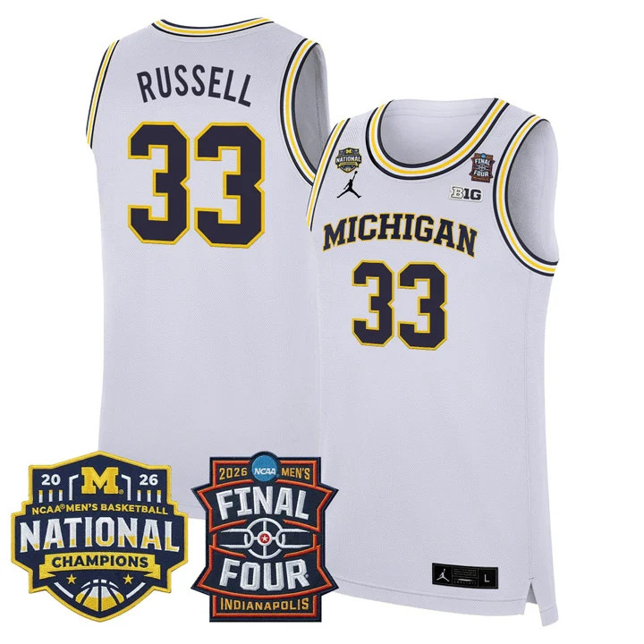 MEN'S MICHIGAN WOLVERINES 2026 FINAL FOUR & NATIONAL CHAMPIONS PATCH BASKETBALL JERSEY WHITE#33 CAZZIE RUSSELL
