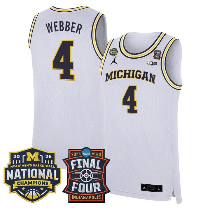 MEN'S MICHIGAN WOLVERINES 2026 FINAL FOUR & NATIONAL CHAMPIONS PATCH BASKETBALL JERSEY WHITE#4 CHRIS WEBBER