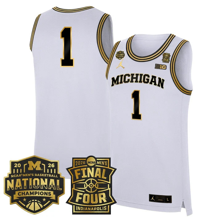 MEN'S MICHIGAN WOLVERINES 2026 FINAL FOUR & NATIONAL CHAMPIONS PATCH BASKETBALL JERSEY WHITE GOLD#1
