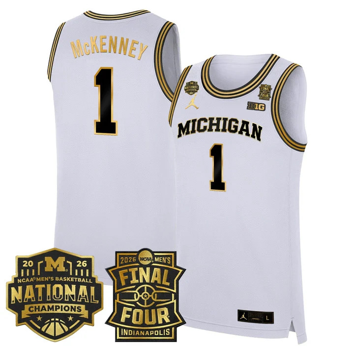 MEN'S MICHIGAN WOLVERINES 2026 FINAL FOUR & NATIONAL CHAMPIONS PATCH BASKETBALL JERSEY WHITE GOLD#1 TREY MCKENNEY