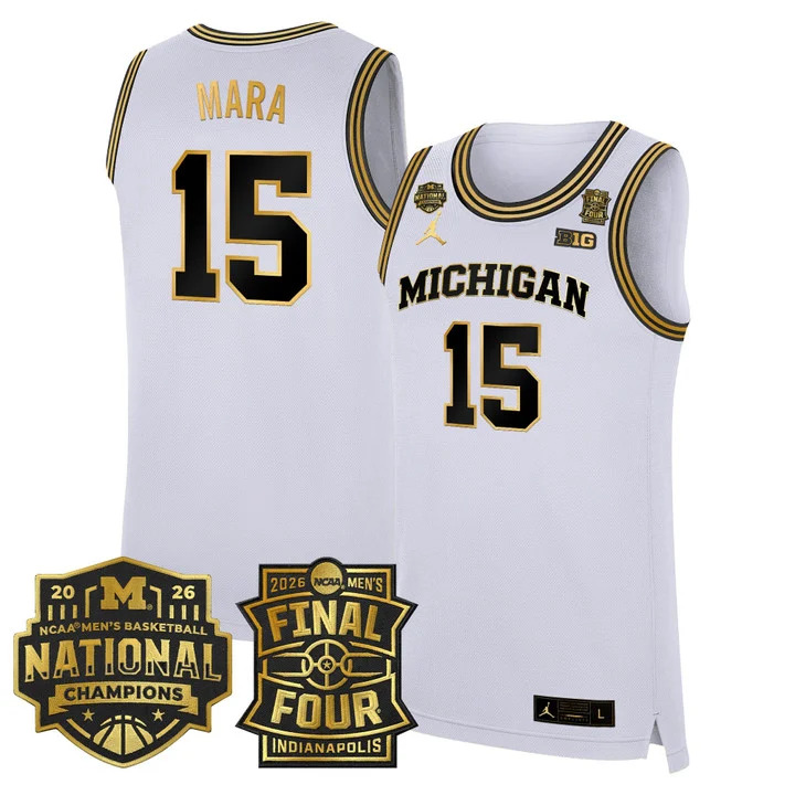 MEN'S MICHIGAN WOLVERINES 2026 FINAL FOUR & NATIONAL CHAMPIONS PATCH BASKETBALL JERSEY WHITE GOLD#15 ADAY MARA