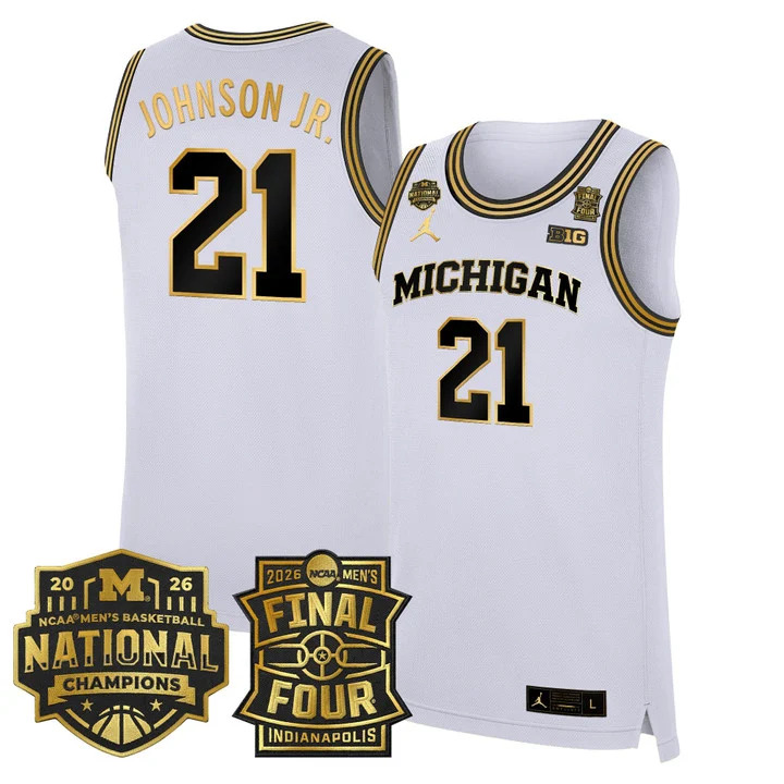 MEN'S MICHIGAN WOLVERINES 2026 FINAL FOUR & NATIONAL CHAMPIONS PATCH BASKETBALL JERSEY WHITE GOLD#21 MOREZ JOHNSON JR.