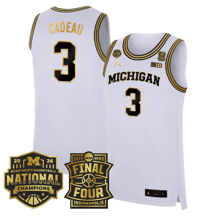 MEN'S MICHIGAN WOLVERINES 2026 FINAL FOUR & NATIONAL CHAMPIONS PATCH BASKETBALL JERSEY WHITE GOLD#3 ELLIOT CADEAU