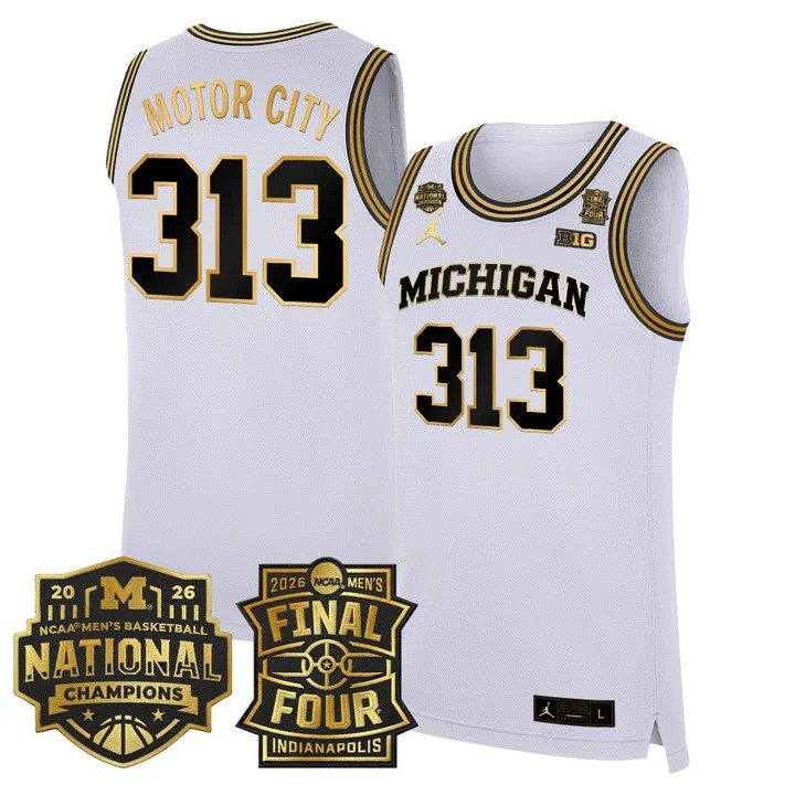 MEN'S MICHIGAN WOLVERINES 2026 FINAL FOUR & NATIONAL CHAMPIONS PATCH BASKETBALL JERSEY WHITE GOLD#313 MOTOR CITY