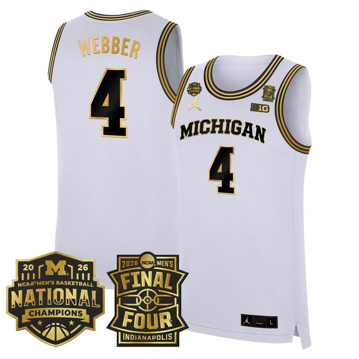 MEN'S MICHIGAN WOLVERINES 2026 FINAL FOUR & NATIONAL CHAMPIONS PATCH BASKETBALL JERSEY WHITE GOLD#4 CHRIS WEBBER