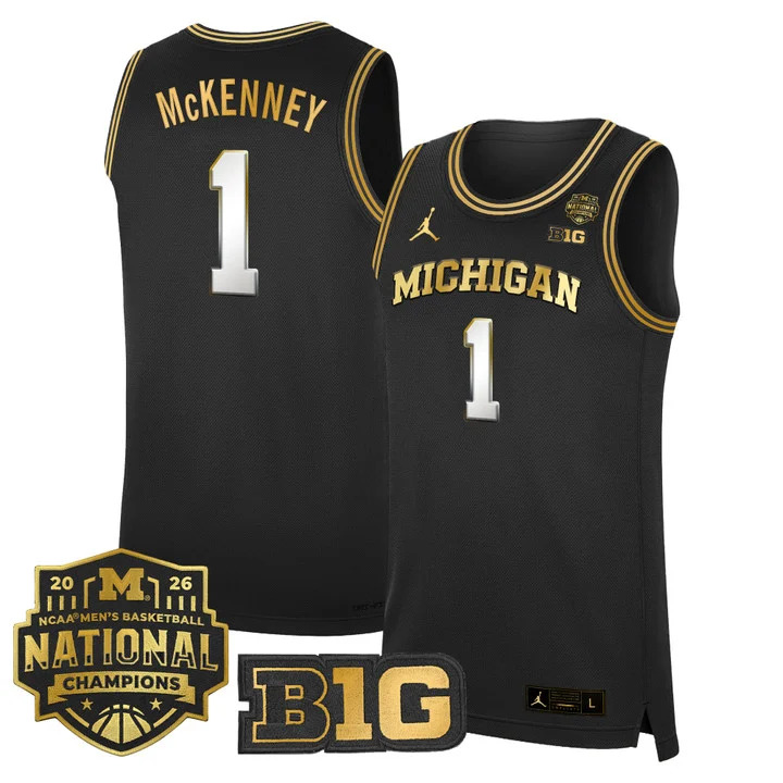 MEN'S MICHIGAN WOLVERINES 2026 NATIONAL CHAMPIONS PATCH BASKETBALL JERSEY BLACK GOLD#1 TREY MCKENNEY
