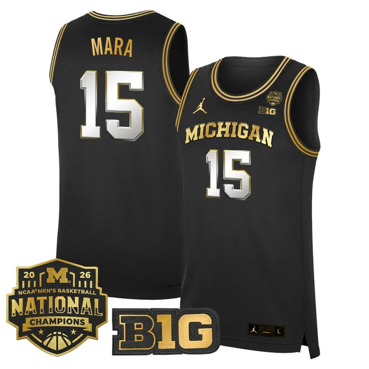 MEN'S MICHIGAN WOLVERINES 2026 NATIONAL CHAMPIONS PATCH BASKETBALL JERSEY BLACK GOLD#15 ADAY MARA