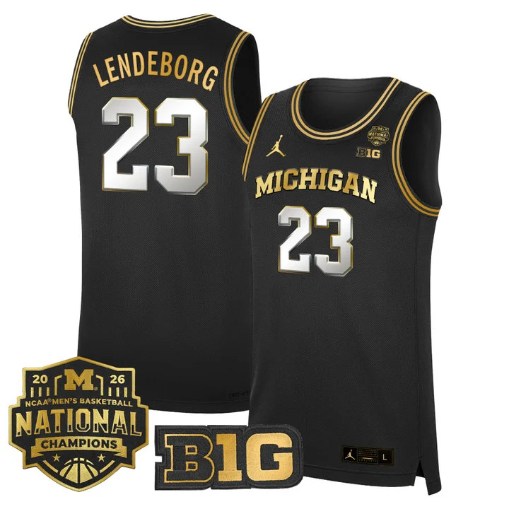 MEN'S MICHIGAN WOLVERINES 2026 NATIONAL CHAMPIONS PATCH BASKETBALL JERSEY BLACK GOLD#23 YAXEL LENDEBORG