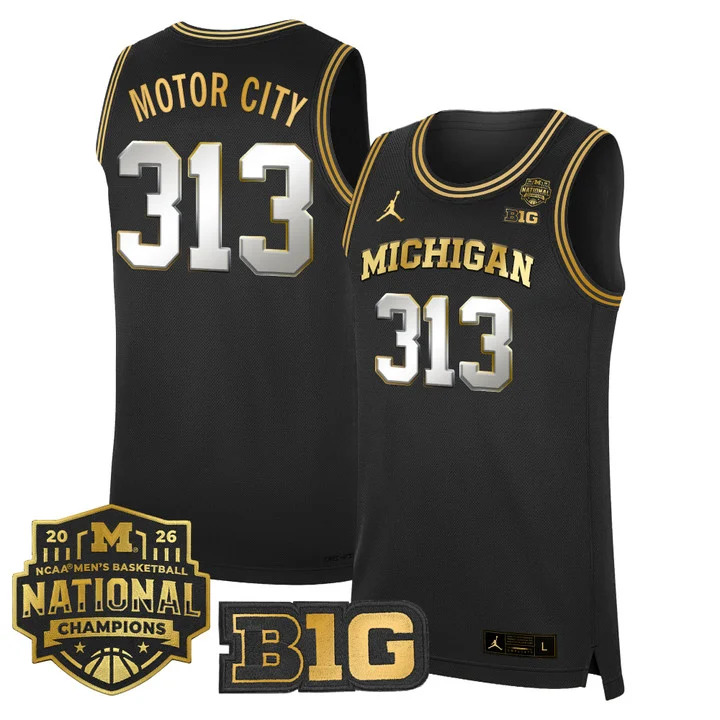 MEN'S MICHIGAN WOLVERINES 2026 NATIONAL CHAMPIONS PATCH BASKETBALL JERSEY BLACK GOLD#313 MOTOR CITY