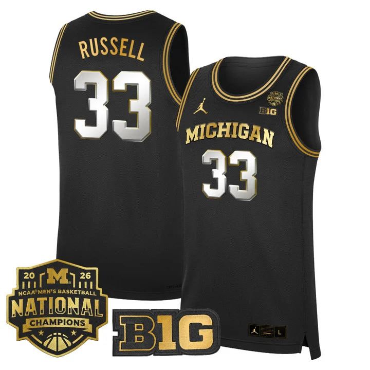 MEN'S MICHIGAN WOLVERINES 2026 NATIONAL CHAMPIONS PATCH BASKETBALL JERSEY BLACK GOLD#33 CAZZIE RUSSELL