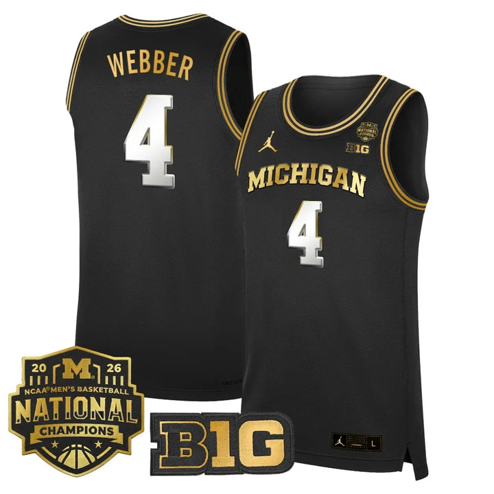 MEN'S MICHIGAN WOLVERINES 2026 NATIONAL CHAMPIONS PATCH BASKETBALL JERSEY BLACK GOLD#4 CHRIS WEBBER