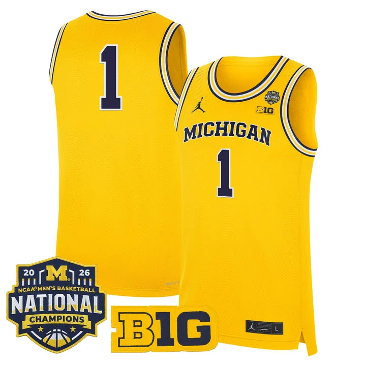 MEN'S MICHIGAN WOLVERINES 2026 NATIONAL CHAMPIONS PATCH BASKETBALL JERSEY MAIZE#1