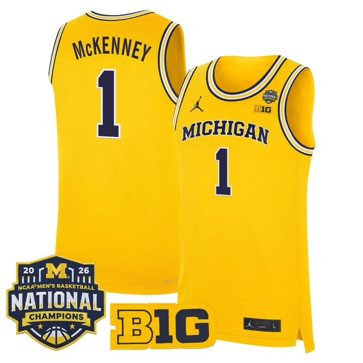 MEN'S MICHIGAN WOLVERINES 2026 NATIONAL CHAMPIONS PATCH BASKETBALL JERSEY MAIZE#1 TREY MCKENNEY